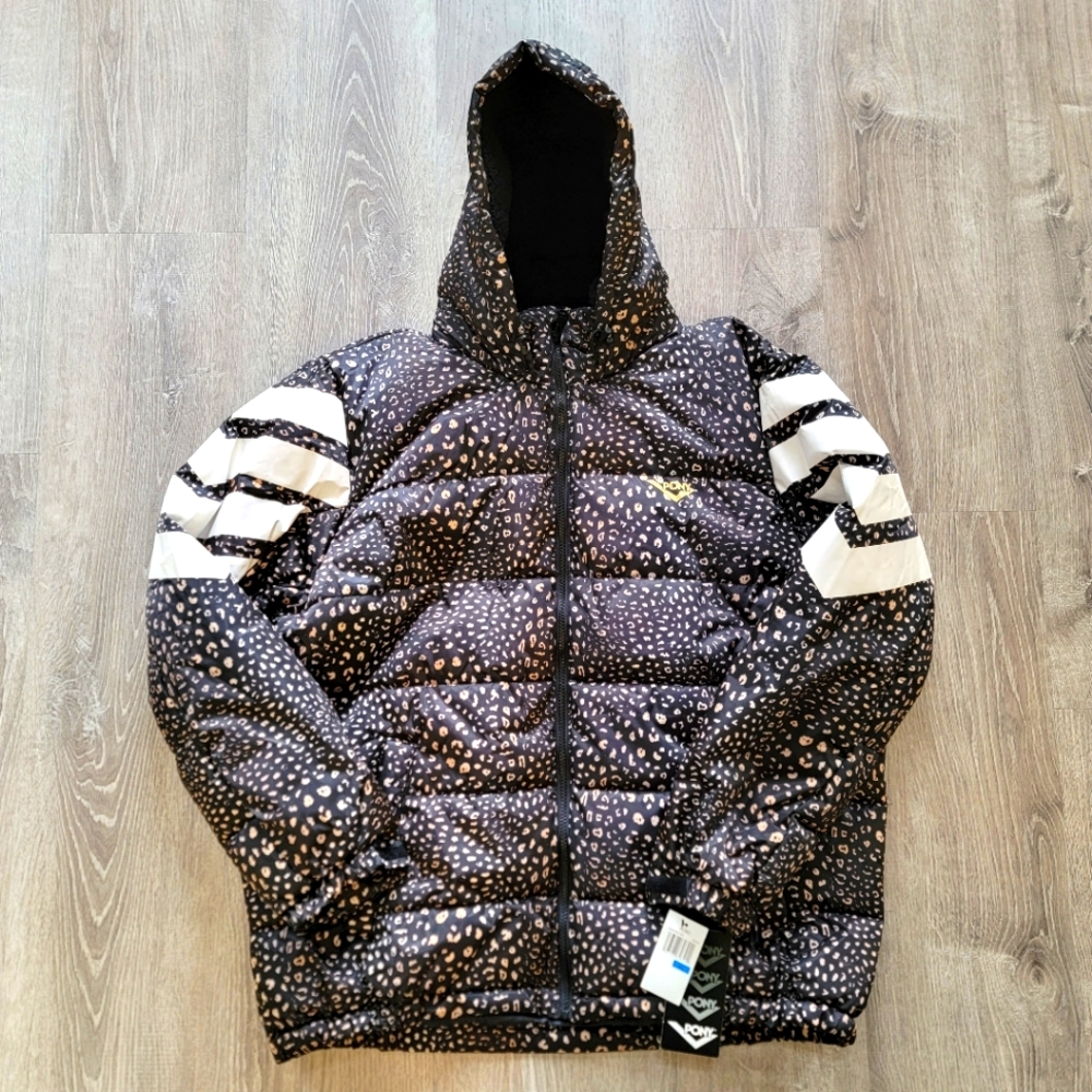 BRAND NEW PONY City Wings Black Animal Print Hooded Puffer Jacket Men's Size XL